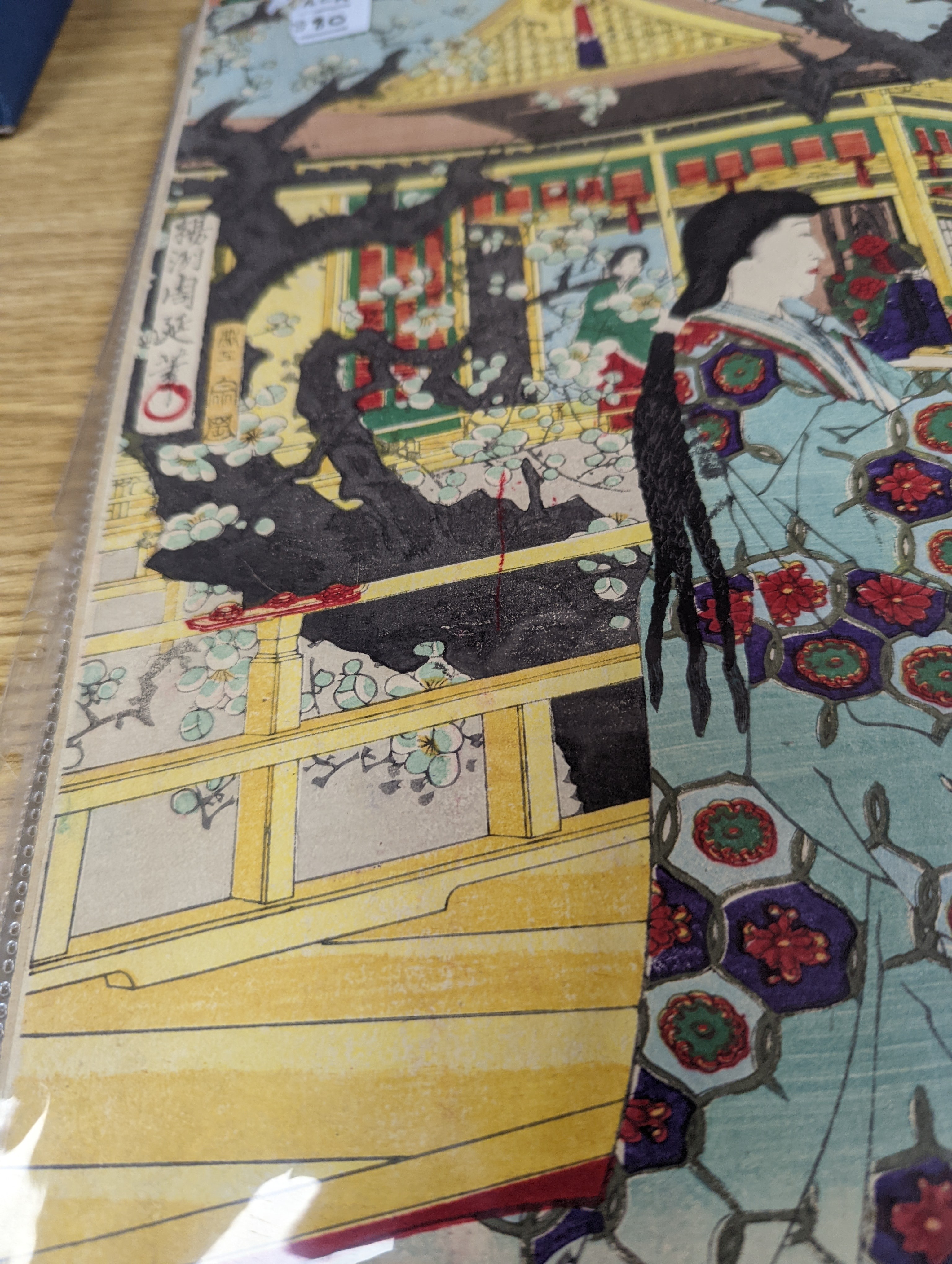 Three Japanese woodblock triptychs by Chikanobu Toyohara and others, Oban format